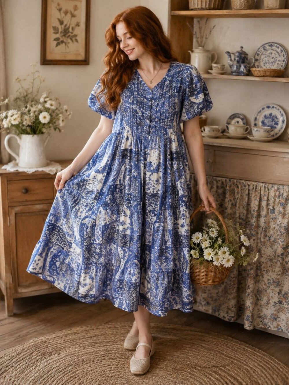 Sita Vintage Blue White Paisley Floral House Dress Large Cottagecore Size L